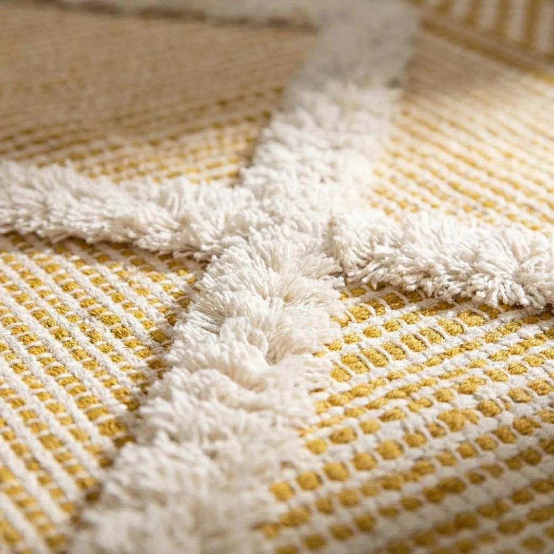 Statement accent rug for home. Boho geometric pattern with fringe & soft waves for living room/bedroom.