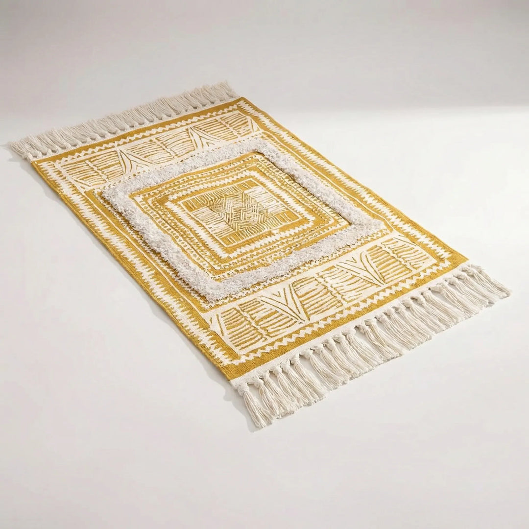 Soft boho geometric fringe area rug. Wavy Flowique design, neutral tones for modern home decor.