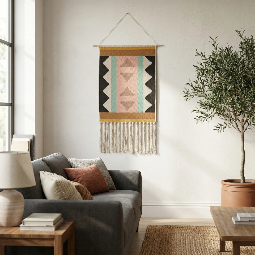 Boho geometric wall hanging with textured woven art & fringe. Ideal for living room or bedroom decor.