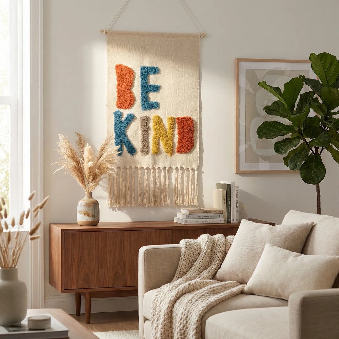 Decorative textile wall hanging with textured geometric waves & bohemian fringe. A unique home accent piece.