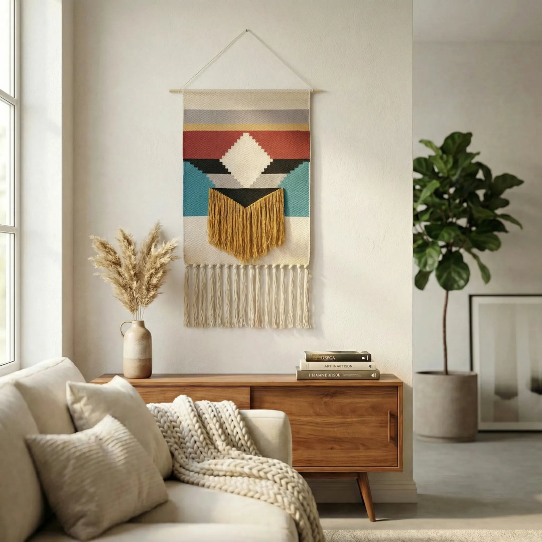 Abstract geometric wall art with textured bohemian style, featuring waves & soft fringe accents for home.