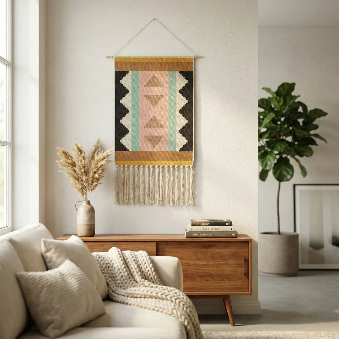 Bohemian living room wall decor: geometric woven tapestry with textured waves & decorative fringe.