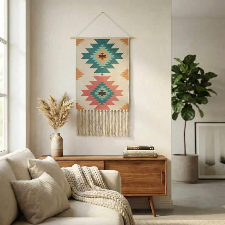 Textured geometric wall hanging with bohemian style, waves & fringe. Perfect home accent & woven art.