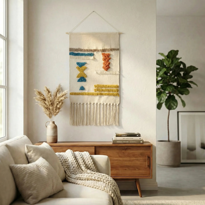 Boho geometric wall hanging in a modern living room, adding textured art & bohemian charm. Woven textile.