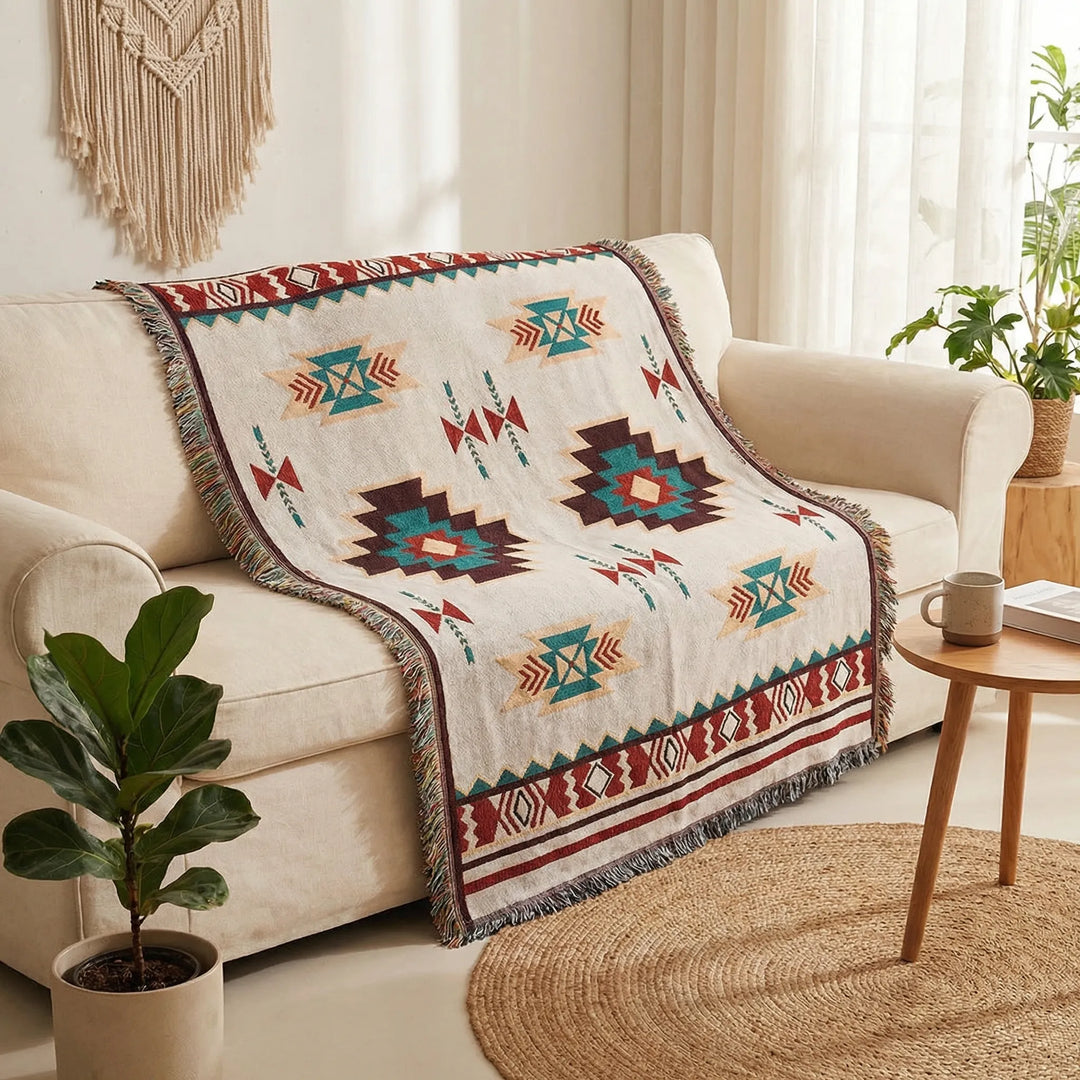 Boho geometric woven throw blanket with fringe. Southwestern style decorative accent rug for home decor.