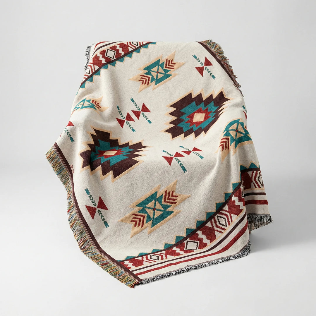 Unisex boho geometric woven blanket featuring waves & fringe. Perfect as a decorative tapestry or accent rug.
