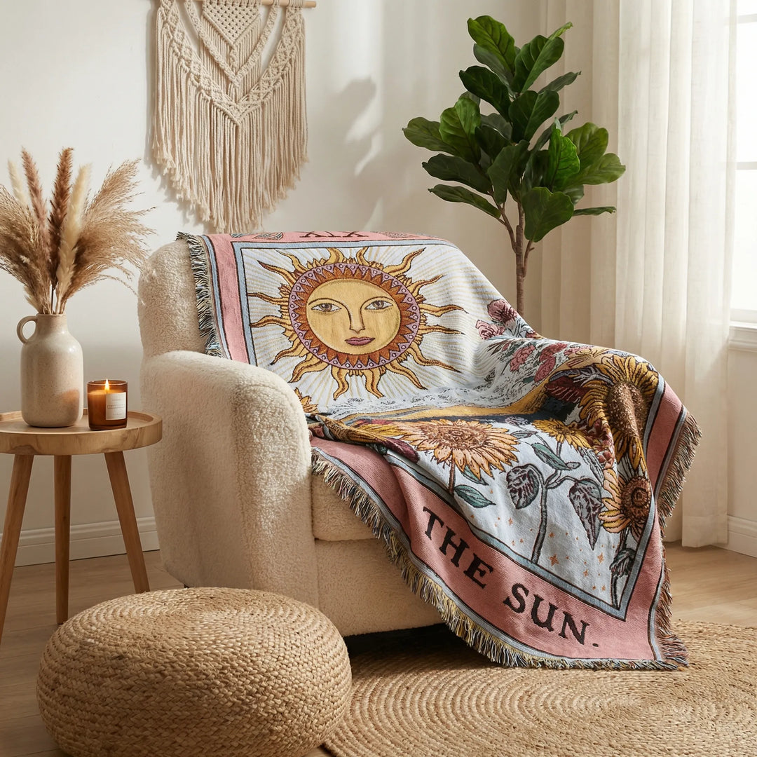 Boho Sun Tarot tapestry wall hanging featuring a vibrant sun, perfect for bohemian home decor. Multi-use throw blanket.