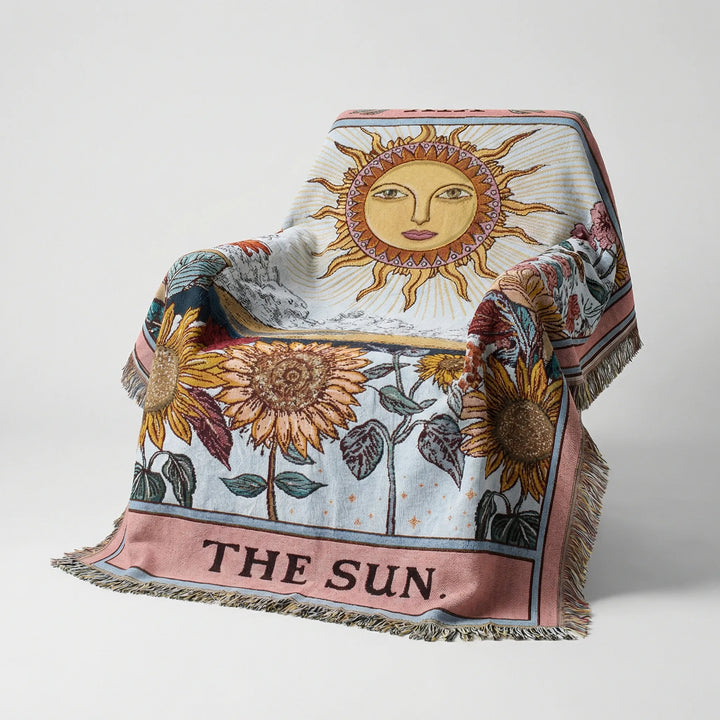 Boho Sun Tarot throw blanket with flowing wave patterns. Also a decorative area rug or wall hanging.
