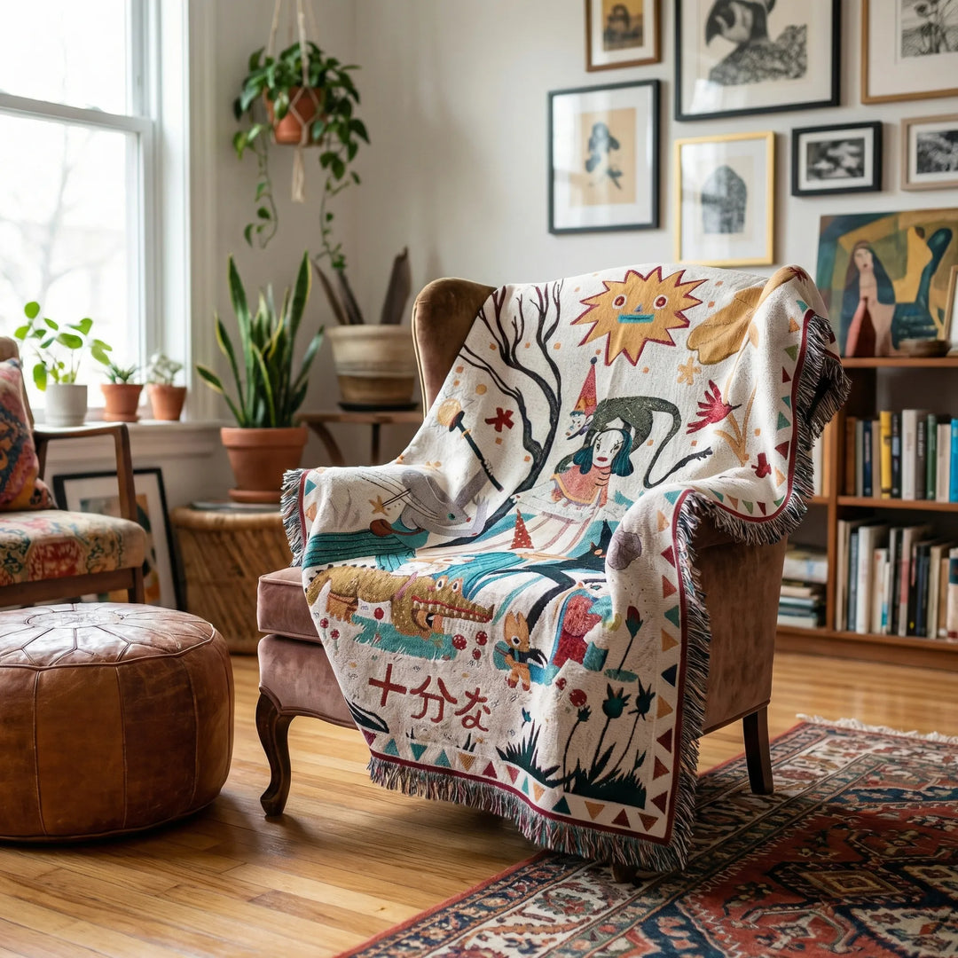 Boho tapestry throw blanket with unique waves design, perfect for living room home decor.