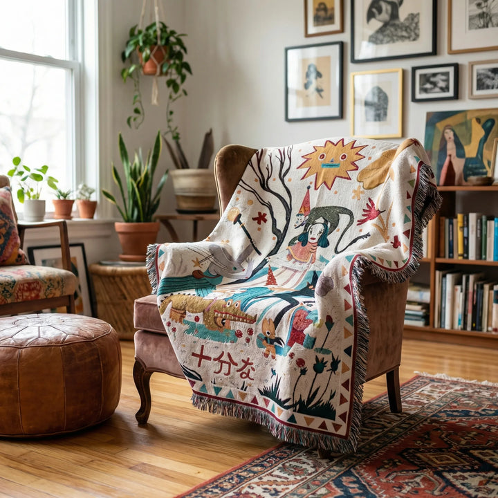 Boho tapestry throw blanket with unique waves design, perfect for living room home decor.