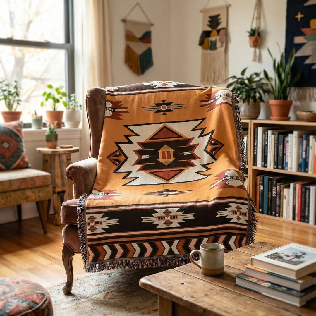 Accent boho tapestry blanket with statement waves, a decorative throw or wall art for unique spaces.