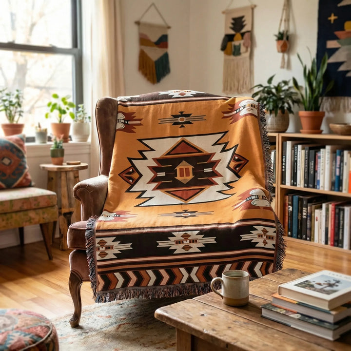 Accent boho tapestry blanket with statement waves, a decorative throw or wall art for unique spaces.