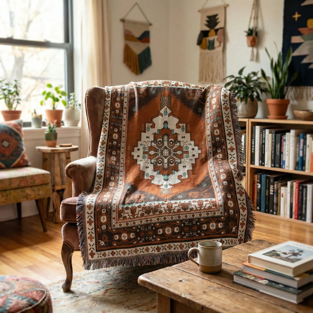 Flowique Statement Area Rug with Waves, a versatile boho tapestry throw blanket for unique home decor.