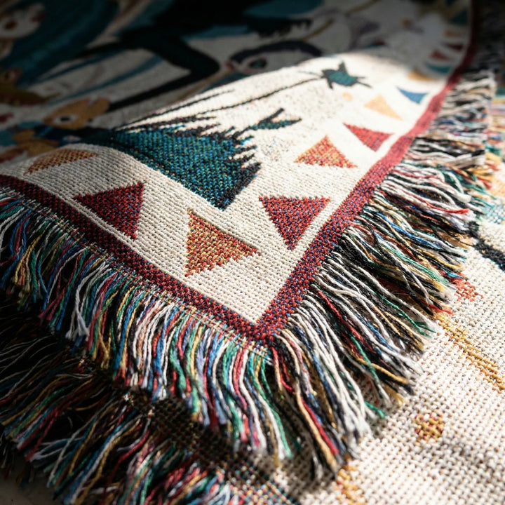Decorative woven boho tapestry blanket with wave pattern, ideal for cozy bedroom or living room throw.
