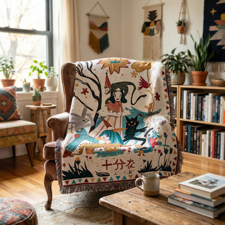 Unique boho throw blanket featuring a statement wave pattern, multi-use as a tapestry or picnic blanket.