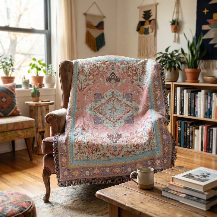 Boho decorative throw blanket, a woven tapestry with waves, for stylish home decor in any room.