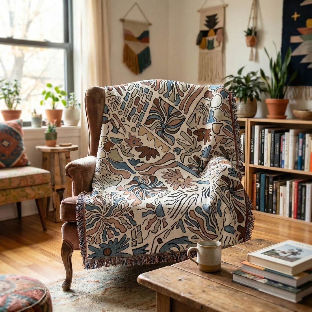Flowique boho woven blanket with waves, a decorative tapestry throw perfect for bedroom ambiance.