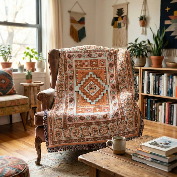 Boho tapestry picnic blanket with unique wave pattern, also a stylish decorative throw for home.