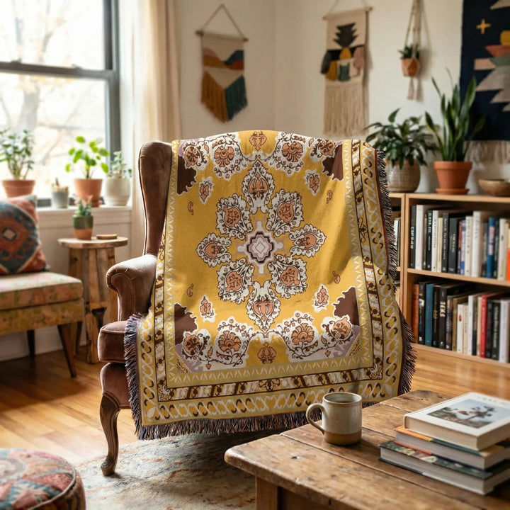 Unique boho tapestry throw blanket with flowing wave design, perfect for eclectic home decor.