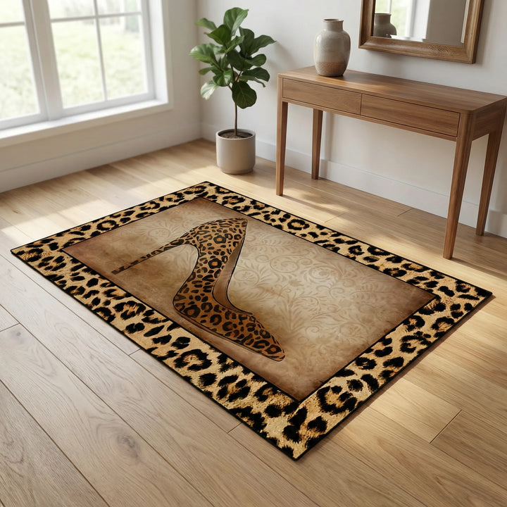 Bold leopard print non-slip doormat for entrances, with unique wave design. Perfect statement area rug.