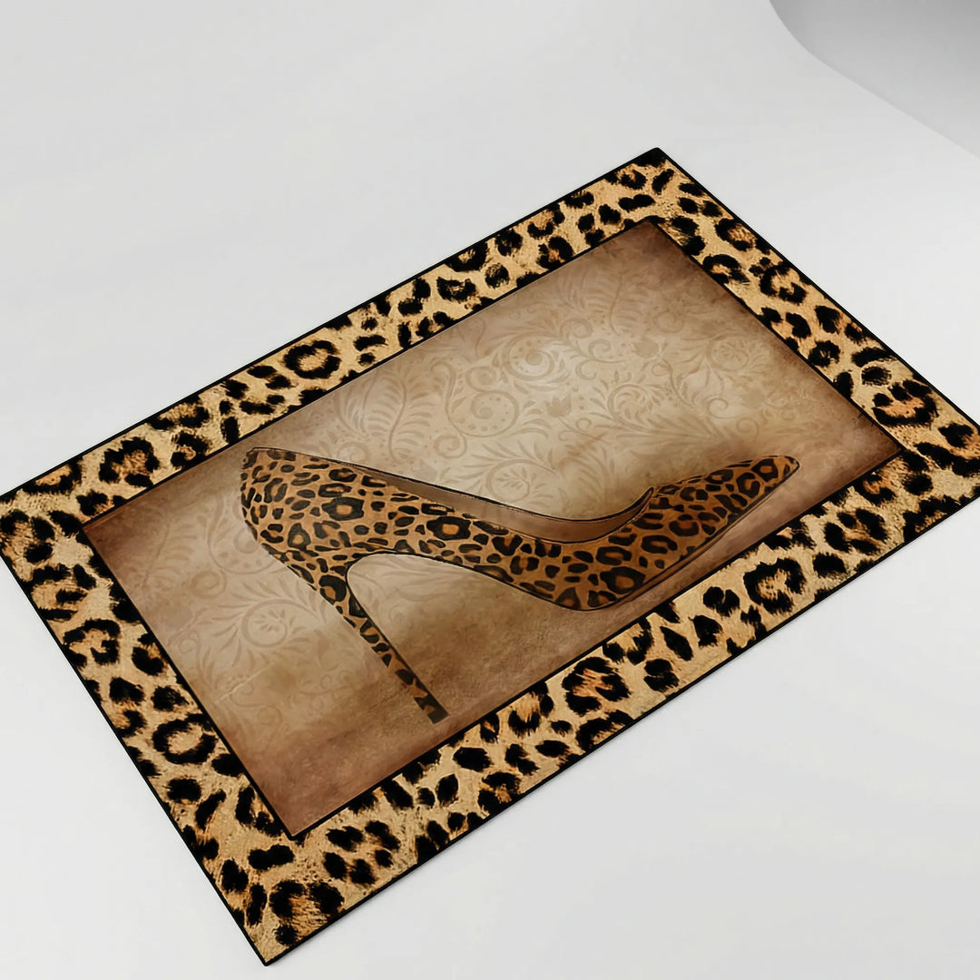 Washable leopard print indoor/outdoor rug with non-slip backing. Flowique wave design for home decor.