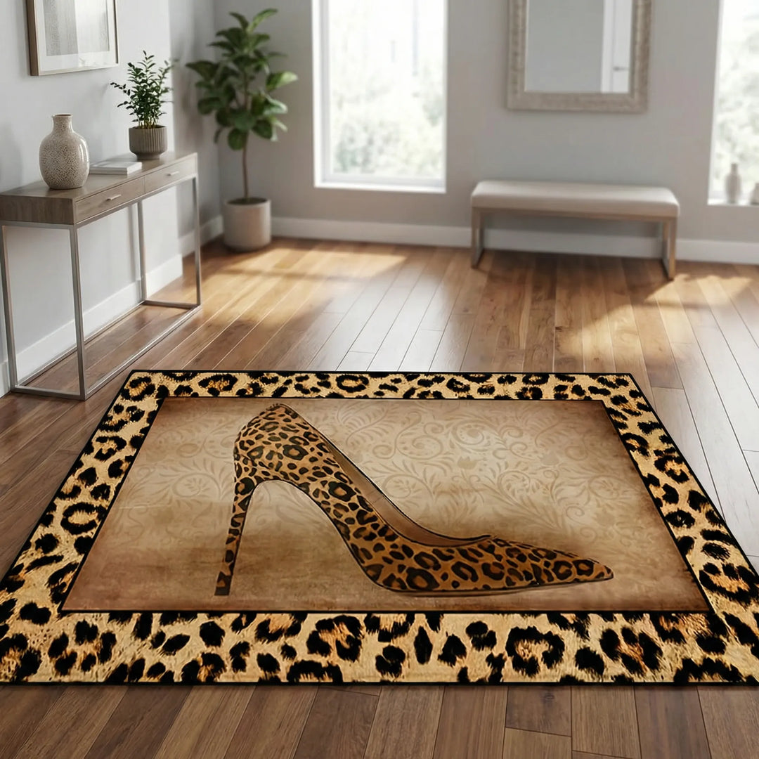 Flowique bold leopard print area rug featuring unique wave design. Non-slip, washable, perfect for indoor/outdoor use.