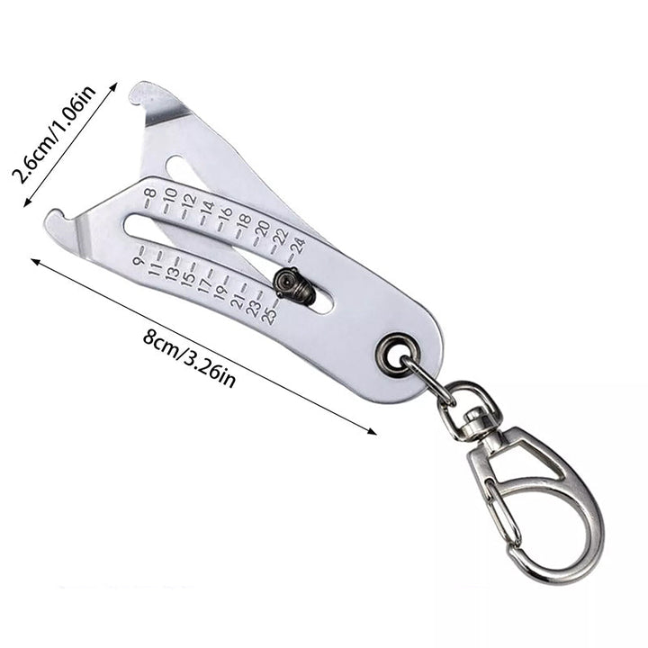 Bolt & Nut Thread Checker Keychain Tool in use, checking a large bolt's diameter