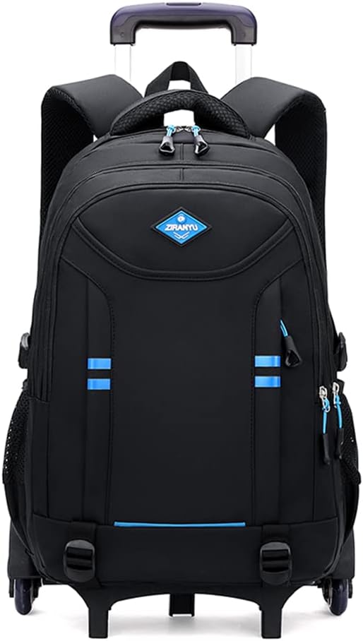 Boys' blue rolling school backpack with multiple pockets & durable wheels. Ideal for students & travel.