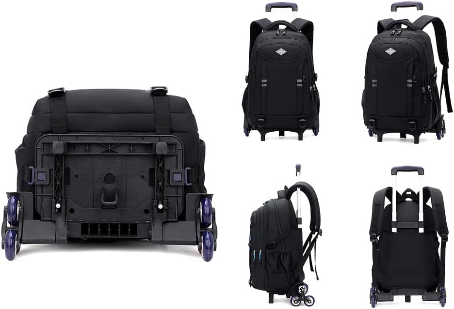 Convertible multi-pocket boys' rolling backpack; durable, water-resistant trolley bag for school & travel.