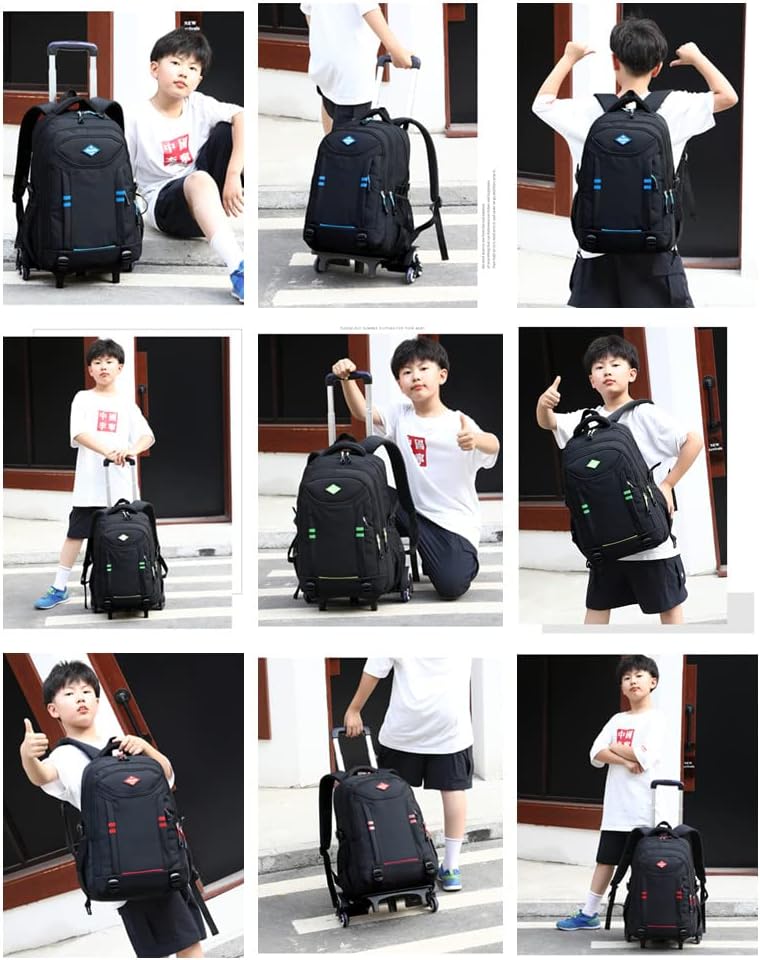 Blue boys' rolling school backpack with sturdy wheels, multiple pockets, and a durable design for students.
