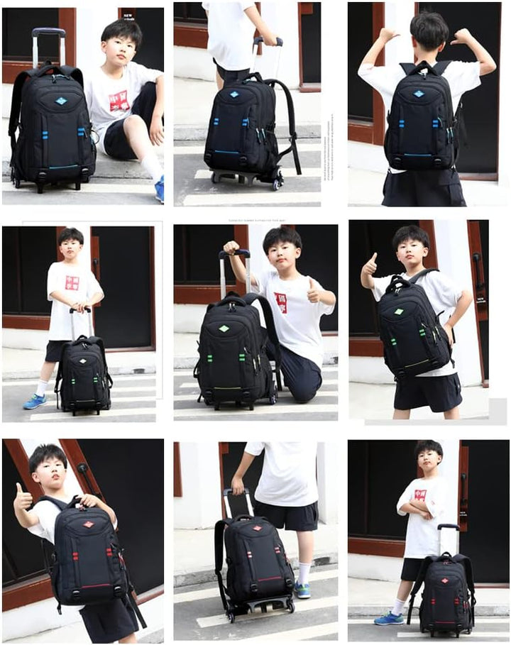 Blue boys' rolling school backpack with sturdy wheels, multiple pockets, and a durable design for students.