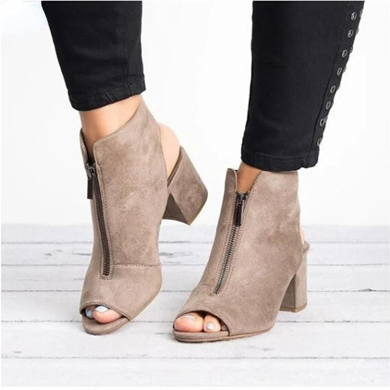 Fashionable gray block heel sandals with zip accent & orthopedic features for women