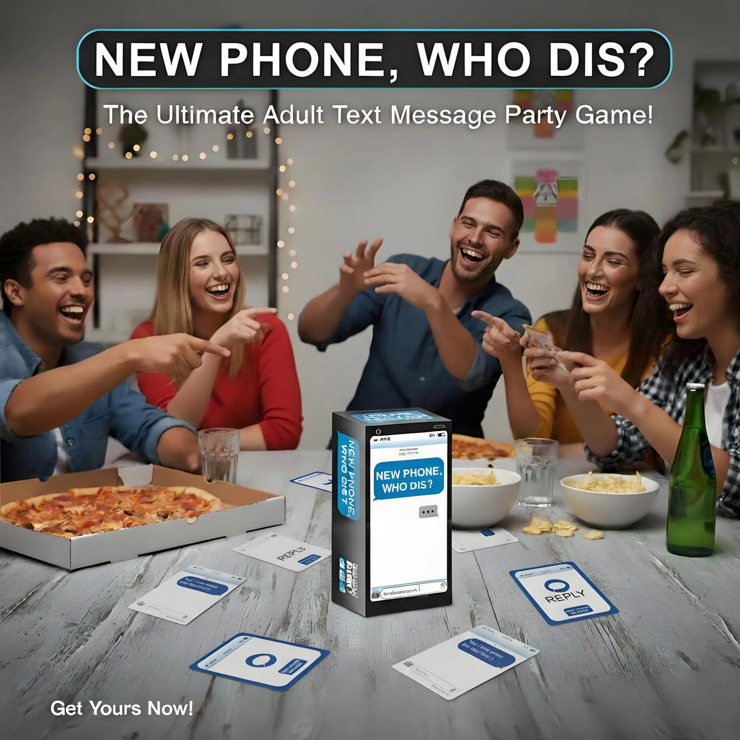 Friends playing BuzzBanter texting style party game, laughing. Perfect icebreaker for adult game nights.