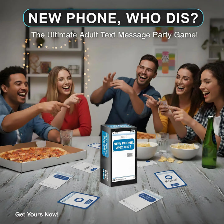Friends playing BuzzBanter texting style party game, laughing. Perfect icebreaker for adult game nights.
