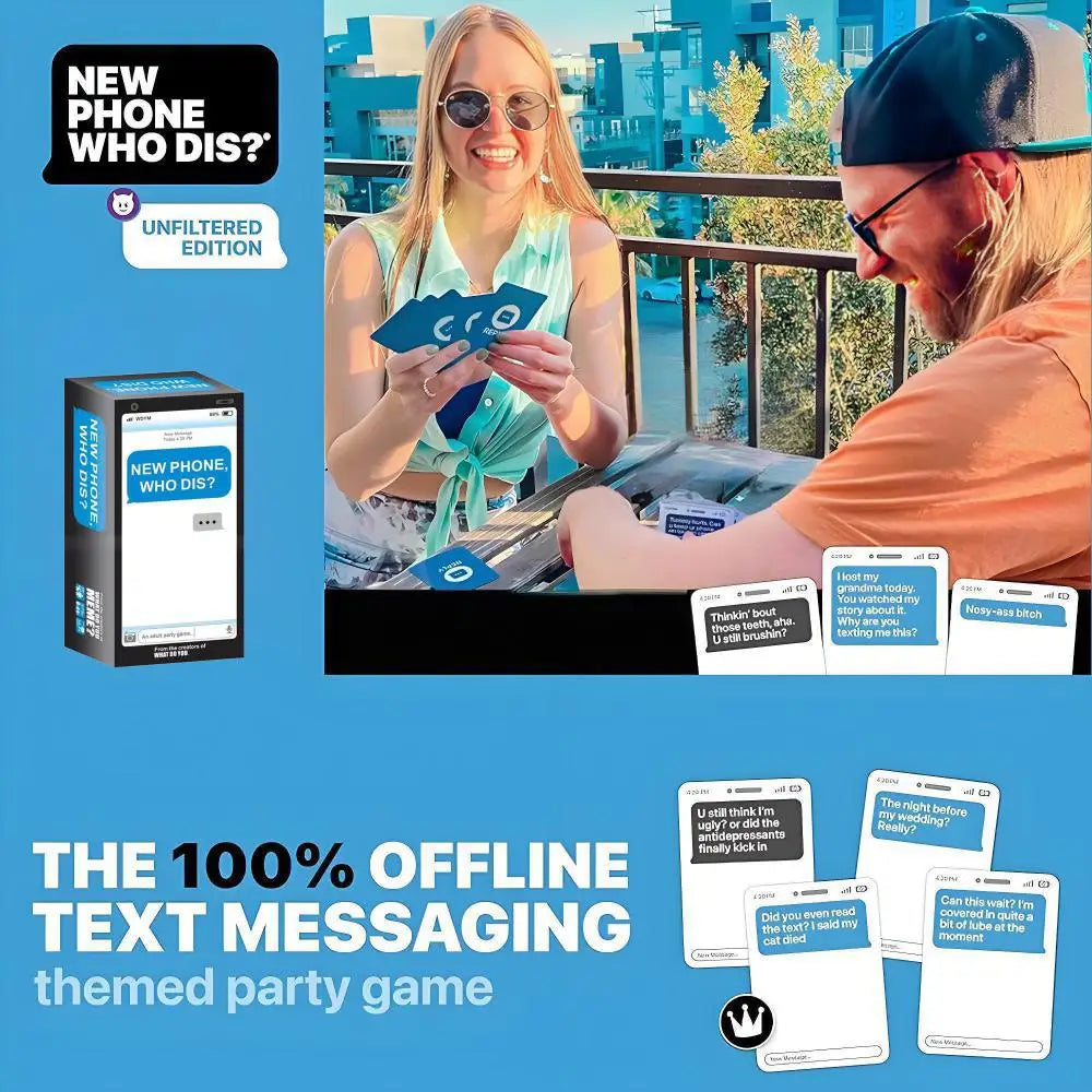 Close-up of BuzzBanter text message style game cards & instructions. Engaging adult card game.