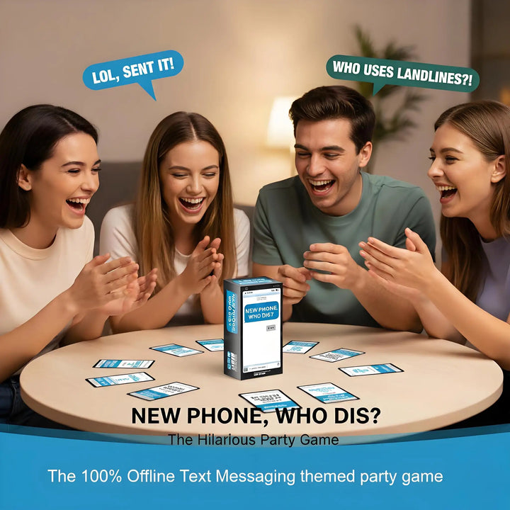 Group of adults enjoying BuzzBanter, a hilarious texting game for parties & fun social entertainment.