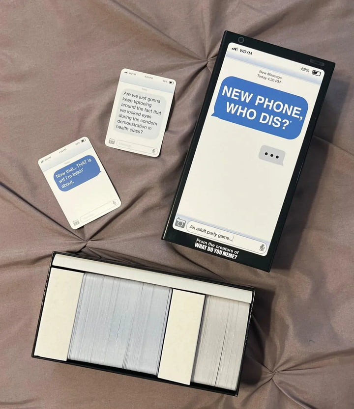 BuzzBanter party game setup on a table, ready for a fun adult group activity. Text message card game.