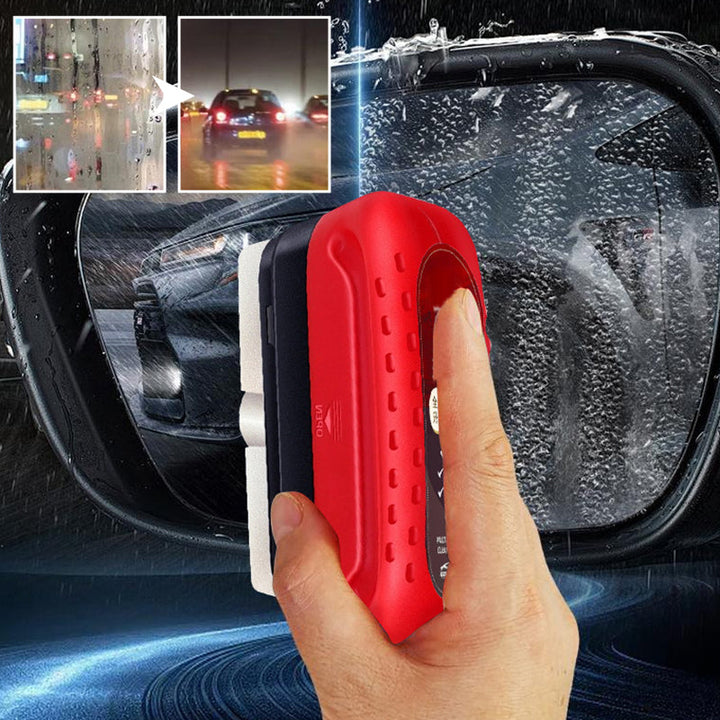 Auto detailing tools: hydrophobic glass cleaning brush and essential car care accessories.