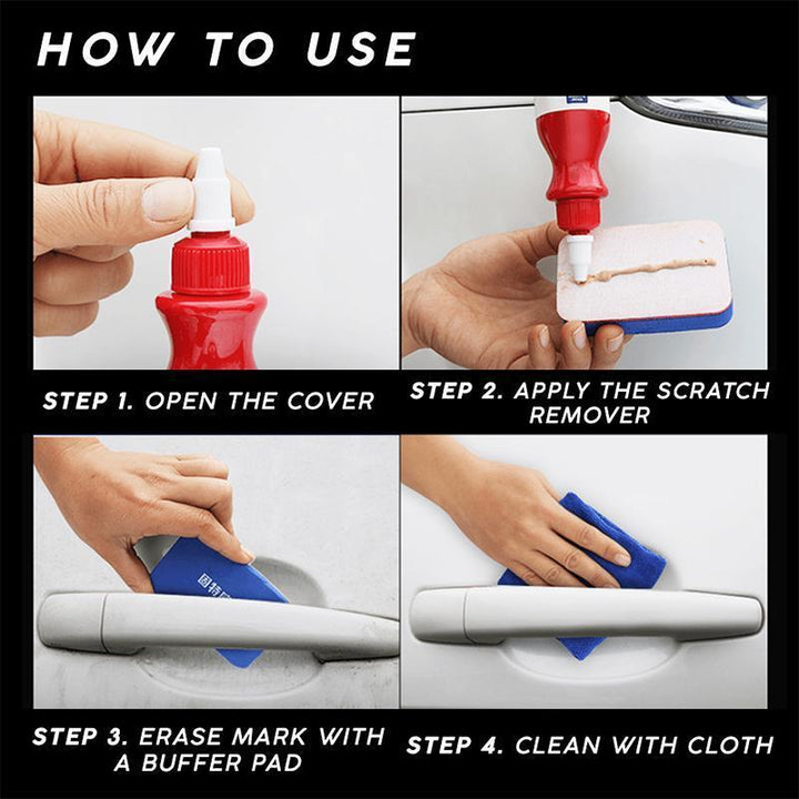 Hand applying car polish scratch remover to a black car fender for paint restoration