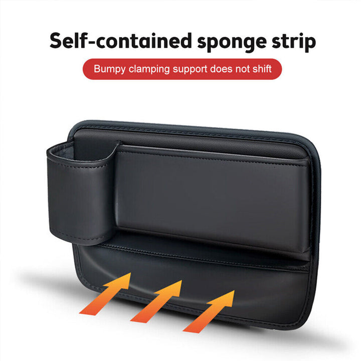 Car interior organizer in black, fits snugly between seat and console, with charging solution