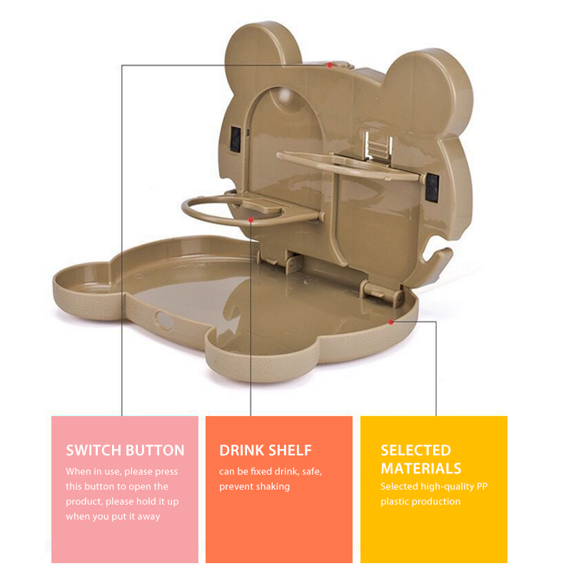 Kids' travel gear: Fun cartoon folding dinner plate, a practical backseat car table for young passengers.