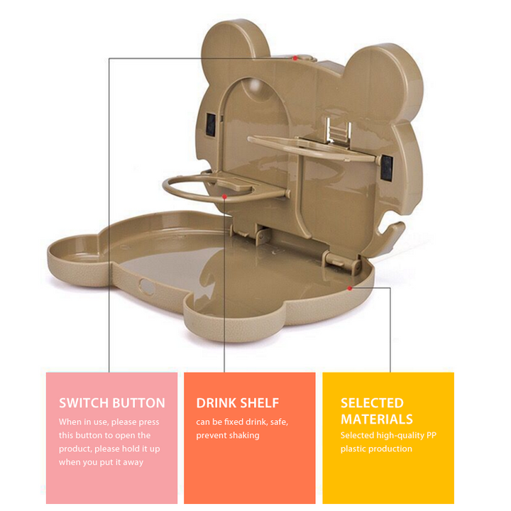 Kids' travel gear: Fun cartoon folding dinner plate, a practical backseat car table for young passengers.