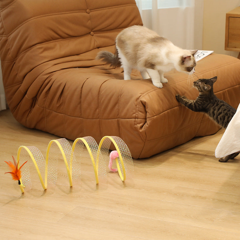 Portable and foldable cat tunnel with playful feather attachments, easy storage for pet owners.