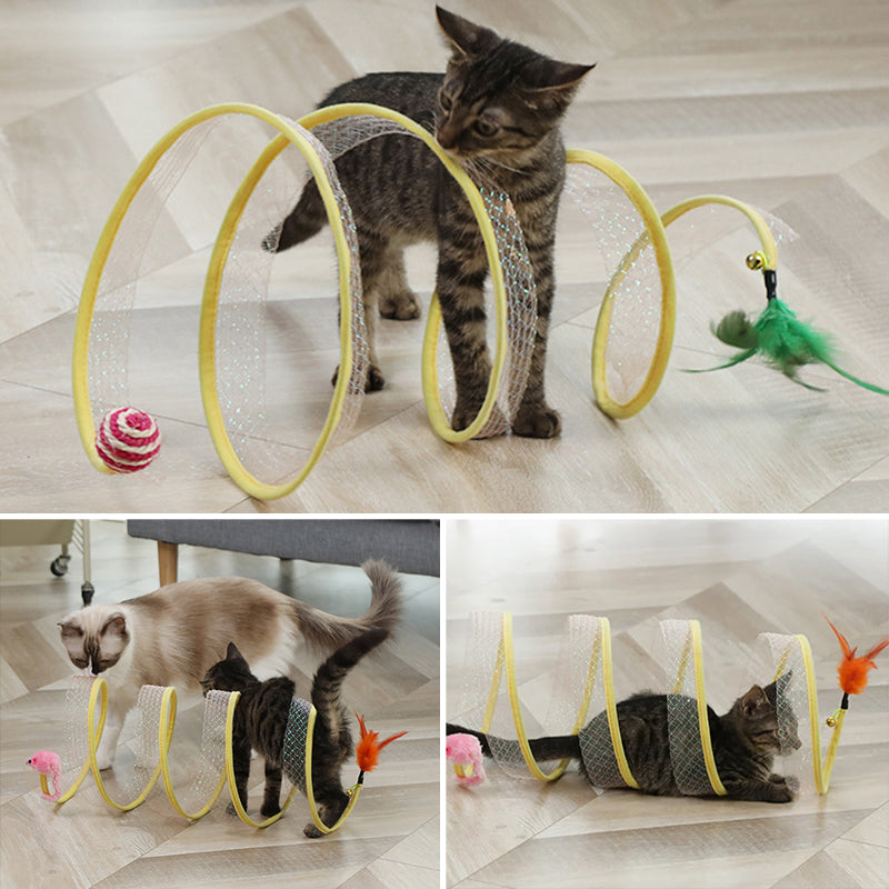 Two cats playing together in a spacious foldable tunnel, enjoying the feather toys.