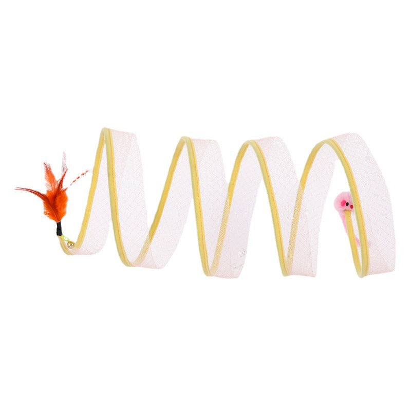 Foldable cat tunnel showing its compact form for easy storage, with feather toys visible.
