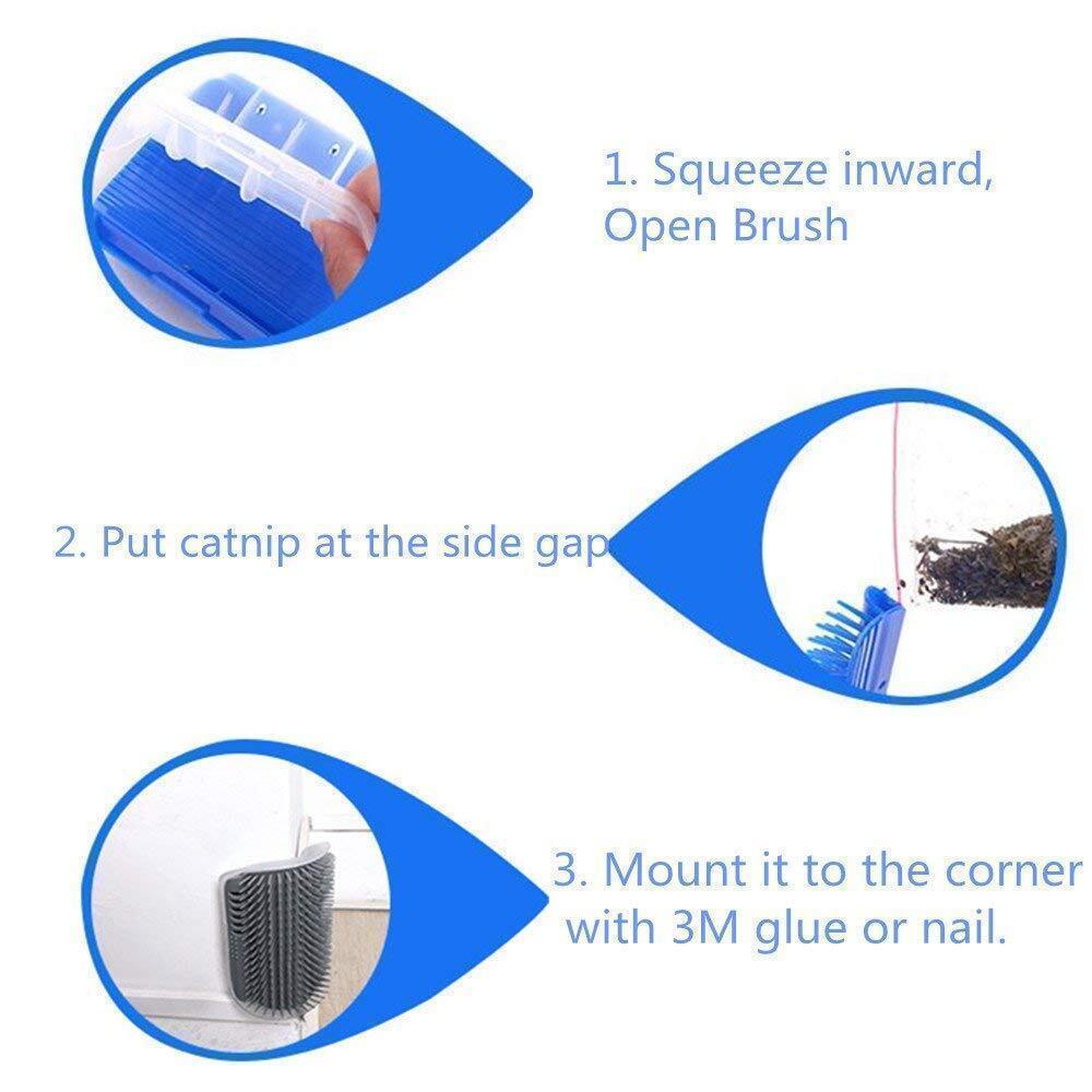 Close-up of cat wall groomer showing soft, yet effective massaging bristles & catnip slot