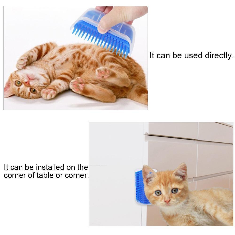 White cat rubs against a grey wall-mounted self groomer, enjoying the massaging bristles