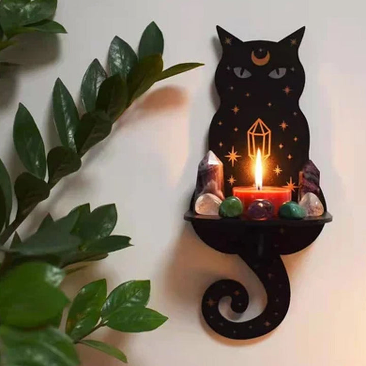 Celestial altar shelf for crystals with moon phases and pendulum hooks, spiritual home decor
