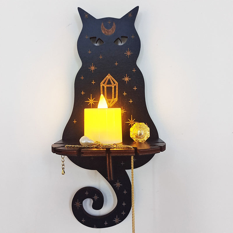 Beautiful celestial altar shelf with carved stars and moon elements, organizing crystals & pendulums