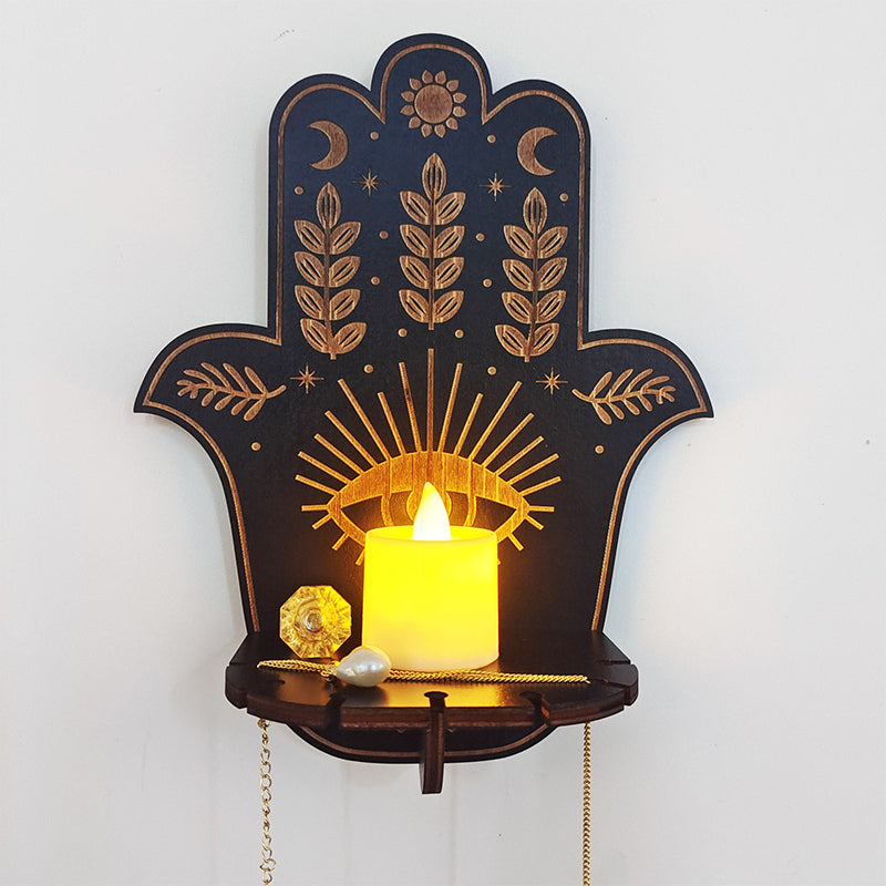 Wooden celestial crystal shelf, ideal for witchcraft practitioners and home altar setups